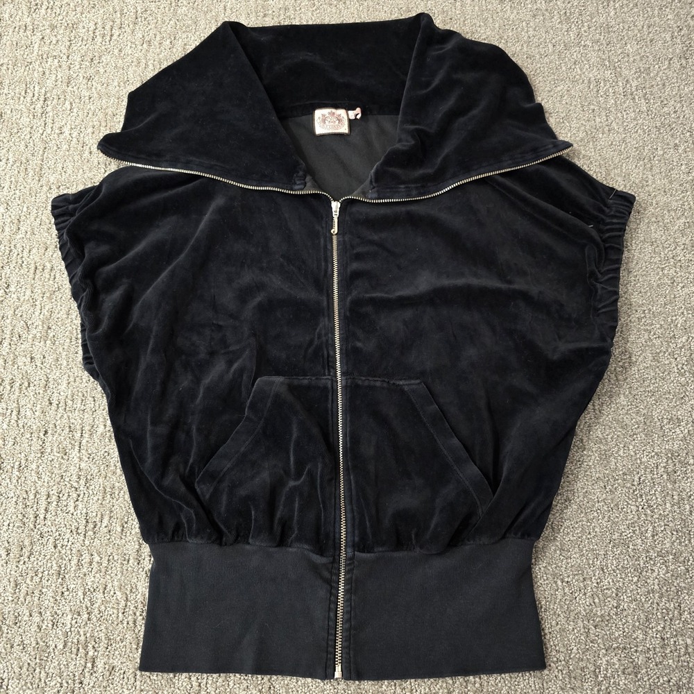 Juicy Couture Womens P Black Velour Cape Sleeve Zip Hoodie Y2K Made USA